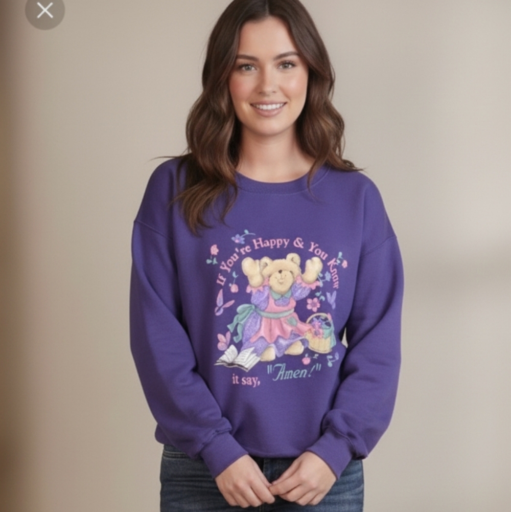 Jerzees Vintage Bear Happy and u know it say Amen GrannyCore Sweatshirt Size L